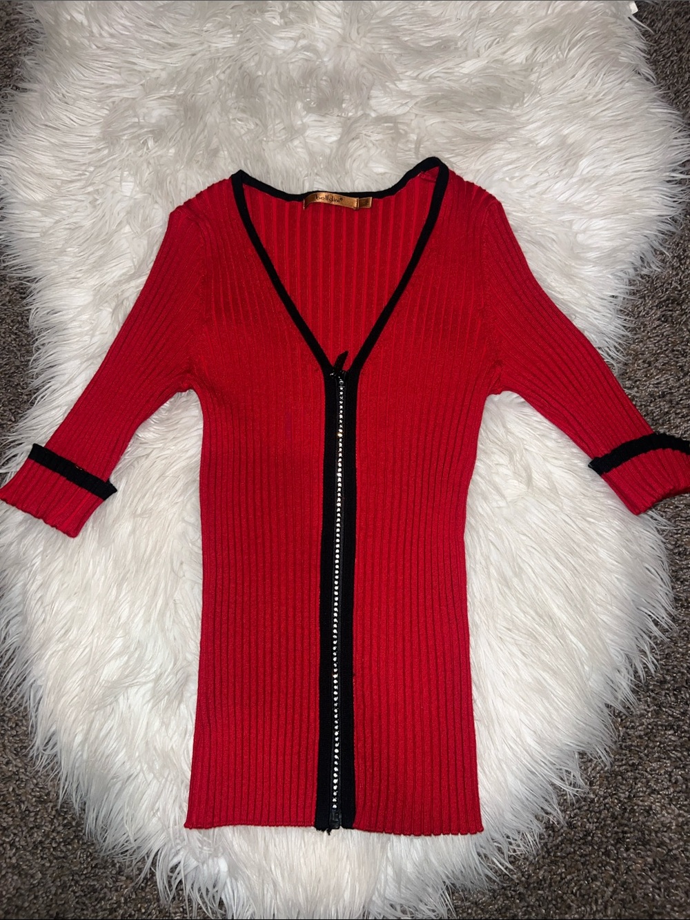 Belldini Red Ribbed V-Neck Zip Sweater with Black Trim